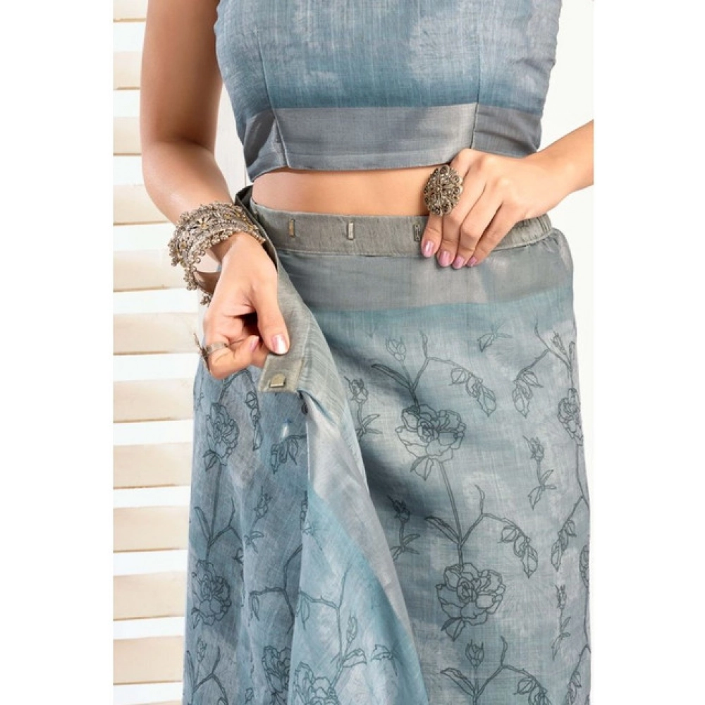 Women's Faux_Linen Printed Ready-to-Wear Saree With Unstitched Blouse 5.5 Mtr (Light_Blue) - Image 2