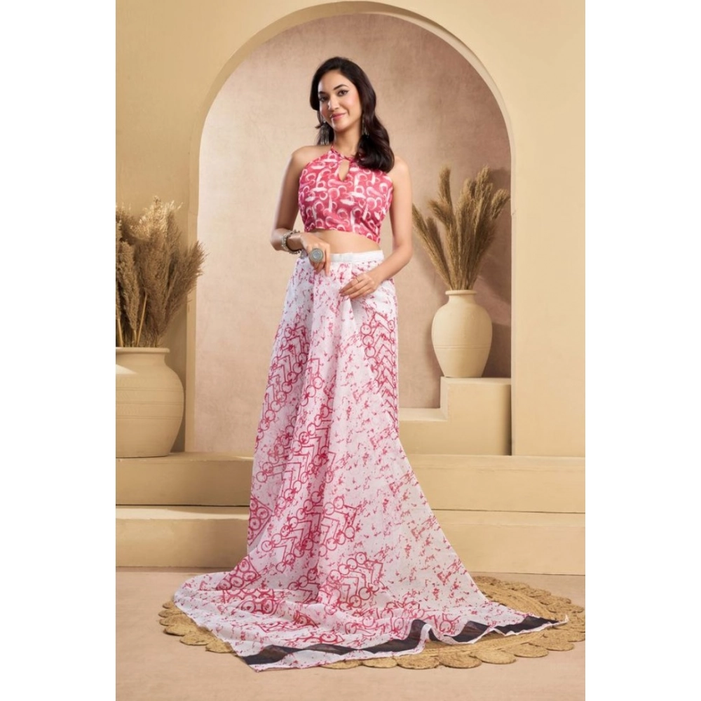 Women's Faux_Linen Printed Ready-to-Wear Saree With Unstitched Blouse 5.5 Mtr (Pink) - Image 3
