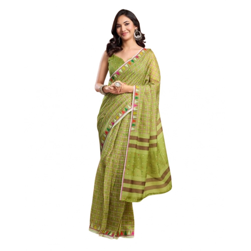 Women's Faux_Linen Printed Ready-to-Wear Saree With Unstitched Blouse 5.5 Mtr (Olive)