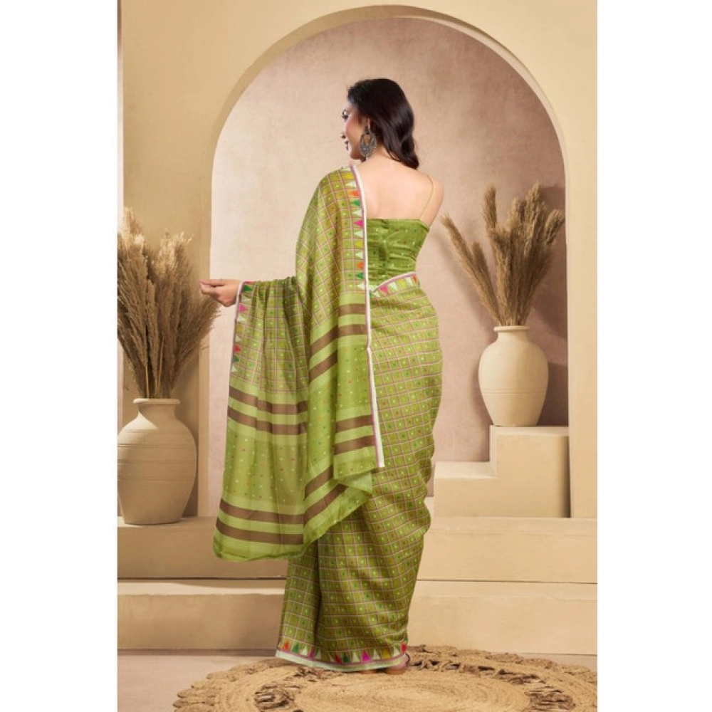 Women's Faux_Linen Printed Ready-to-Wear Saree With Unstitched Blouse 5.5 Mtr (Olive) - Image 4