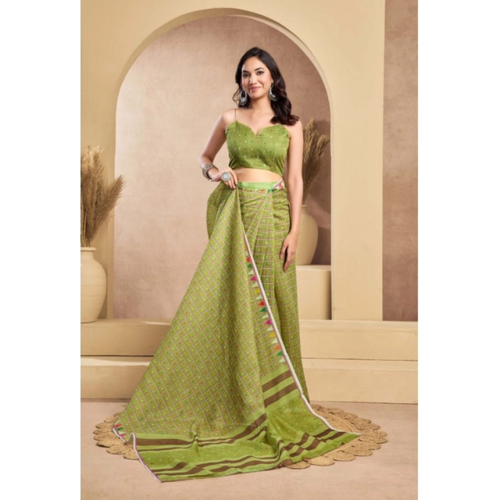 Women's Faux_Linen Printed Ready-to-Wear Saree With Unstitched Blouse 5.5 Mtr (Olive) - Image 3