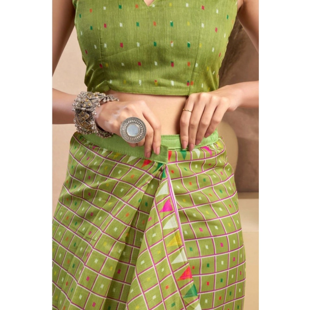 Women's Faux_Linen Printed Ready-to-Wear Saree With Unstitched Blouse 5.5 Mtr (Olive) - Image 2