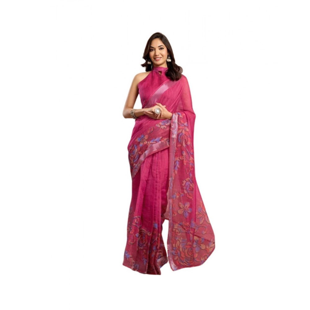 Women's Faux_Linen Printed Ready-to-Wear Saree With Unstitched Blouse 5.5 Mtr (Pink)