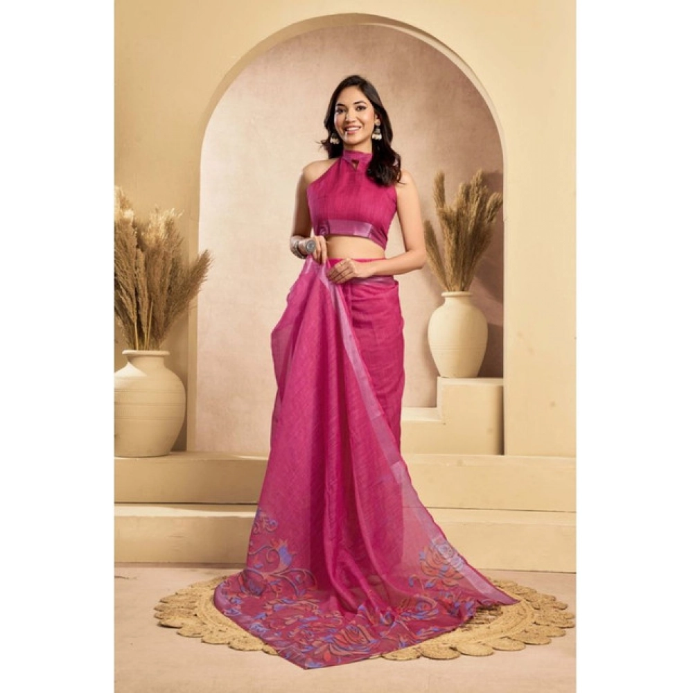 Women's Faux_Linen Printed Ready-to-Wear Saree With Unstitched Blouse 5.5 Mtr (Pink) - Image 3