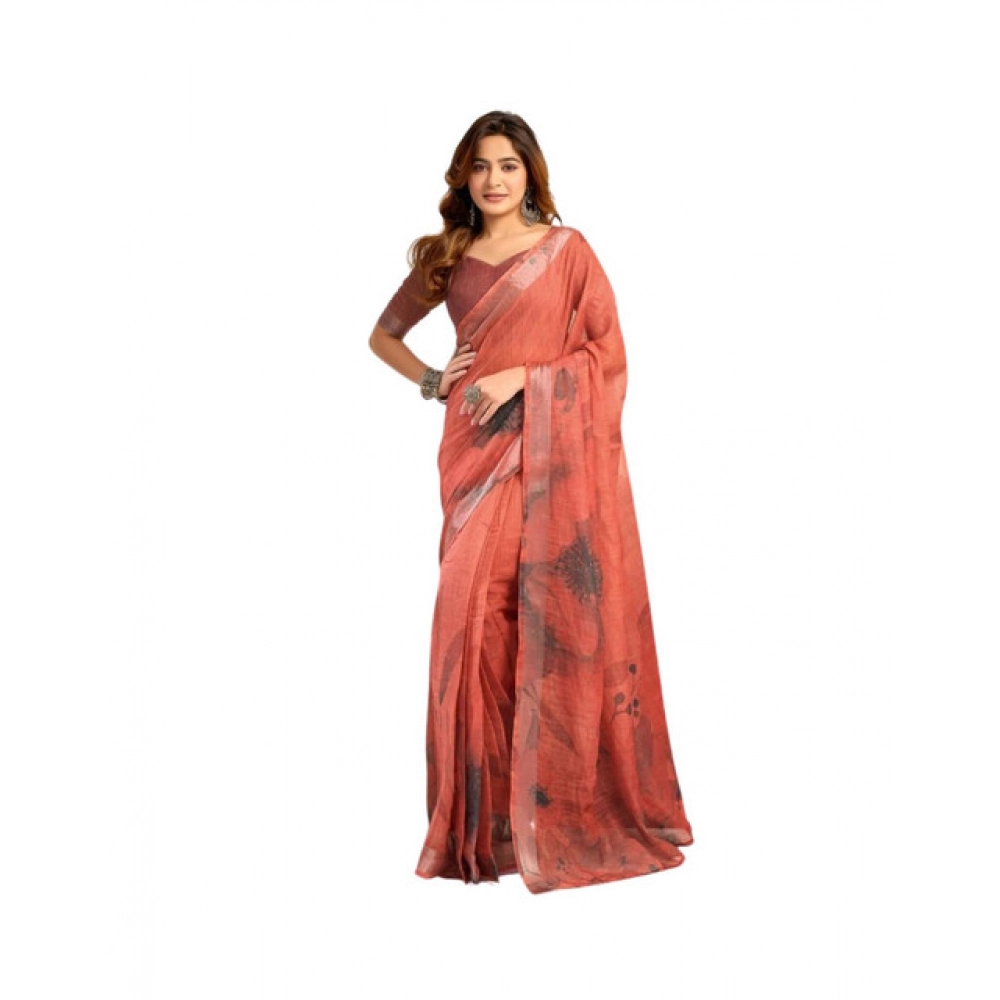 Women's Faux_Linen Printed Ready-to-Wear Saree With Unstitched Blouse 5.5 Mtr (Rust)