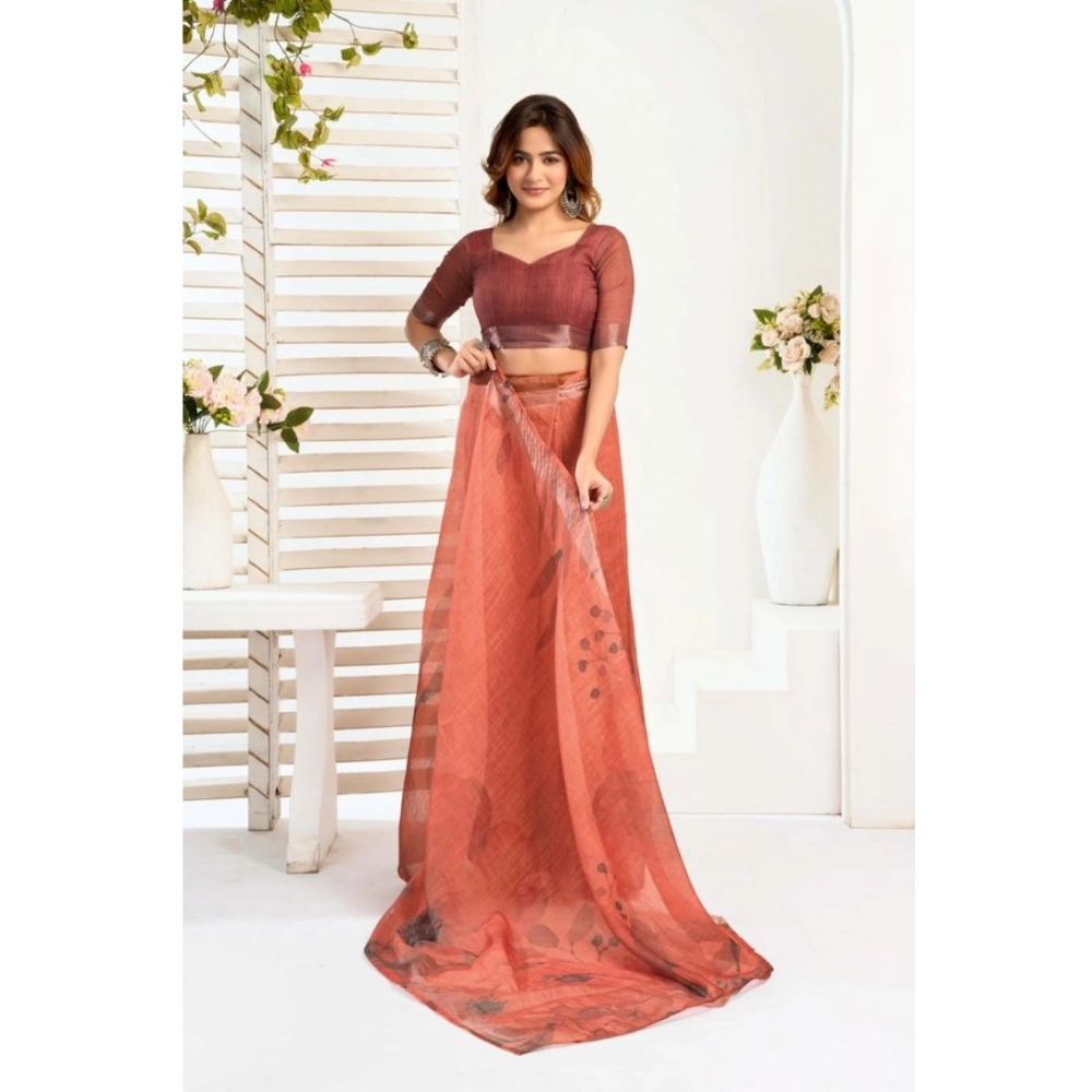 Women's Faux_Linen Printed Ready-to-Wear Saree With Unstitched Blouse 5.5 Mtr (Rust) - Image 3