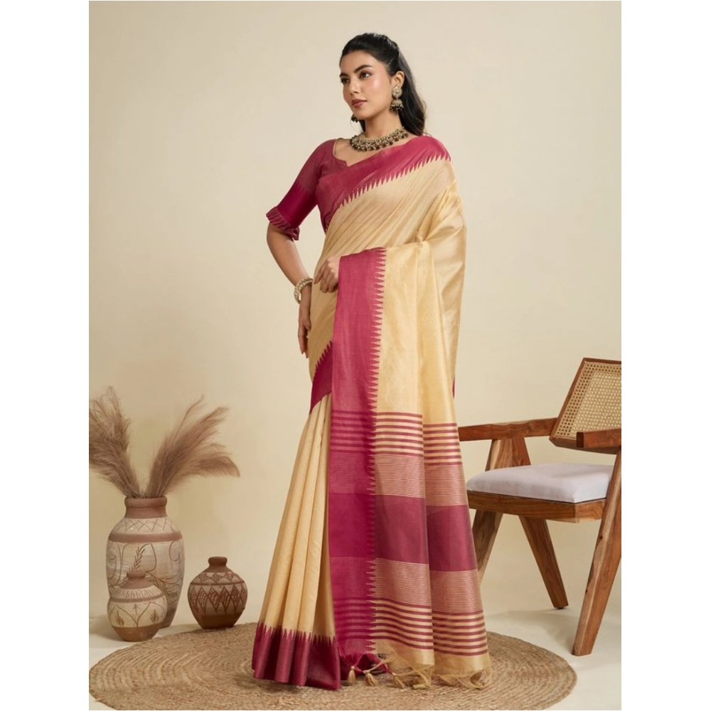 Women's Raw_Silk Woven Saree With Unstitched Blouse 5.5Mtr聽(Beige) - Image 4