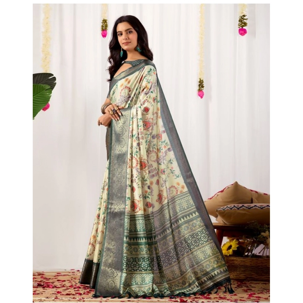 Women's Faux_Silk Printed Saree With Unstitched Blouse 5.5Mtr (Off_White) - Image 4