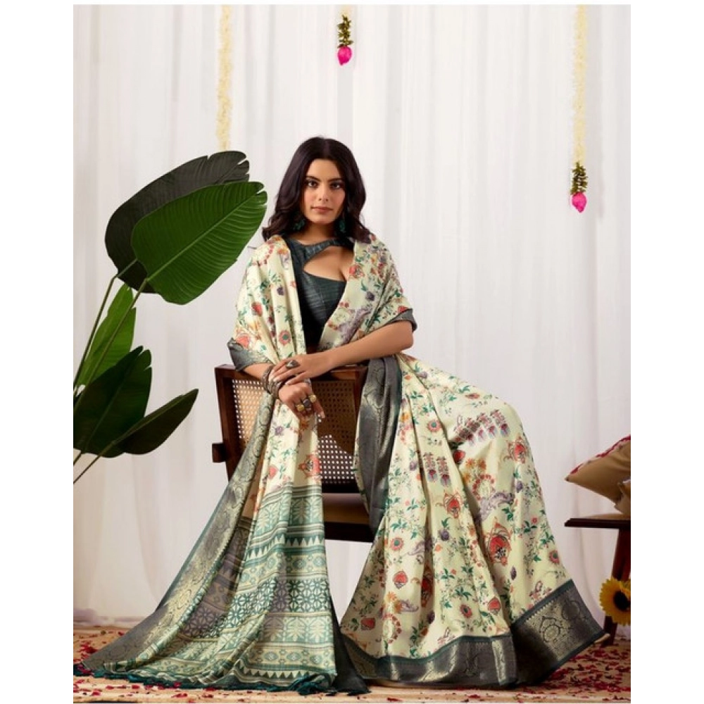 Women's Faux_Silk Printed Saree With Unstitched Blouse 5.5Mtr (Off_White) - Image 3