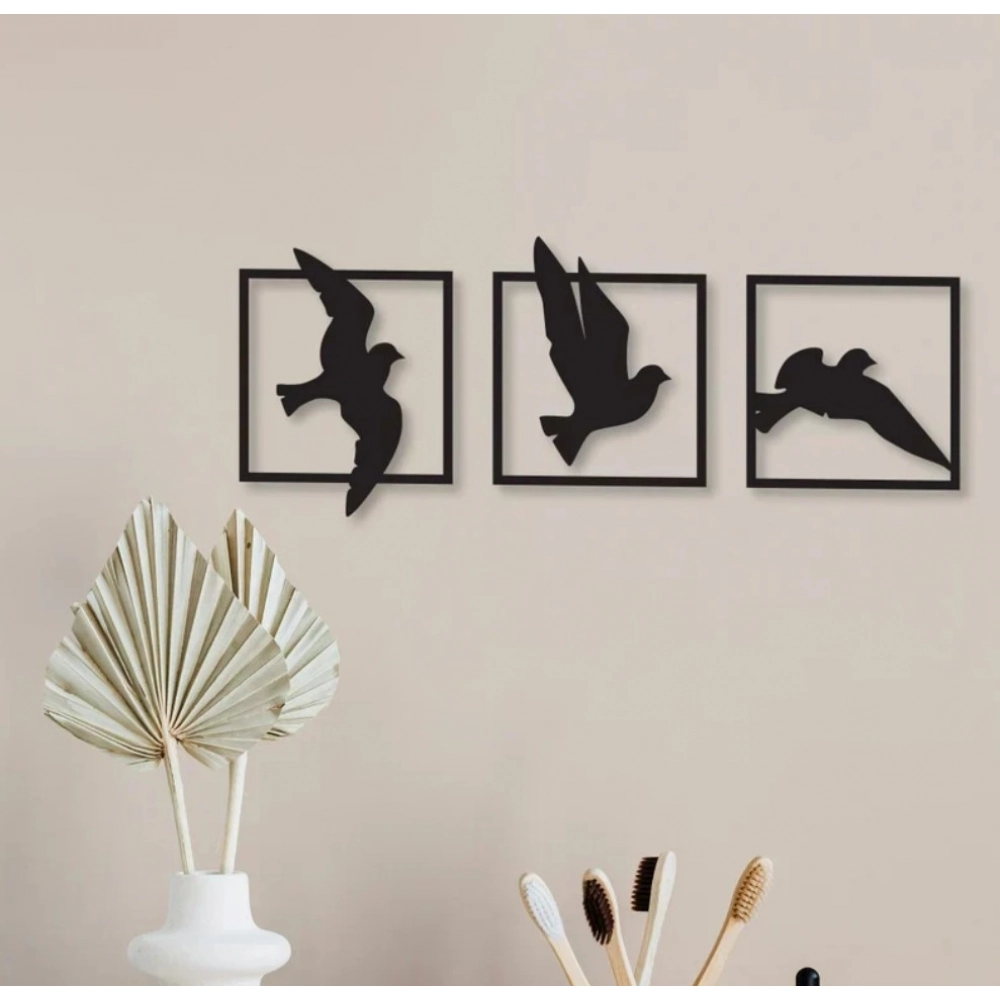 Birds in Frame Wooden Wall Decor – Set of 3 Panels (Black) - Image 2