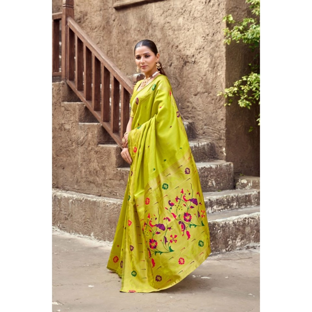 Women's Silk Blend Woven Saree With Unstitched Blouse 5.5 Mtr (Lime) - Image 4