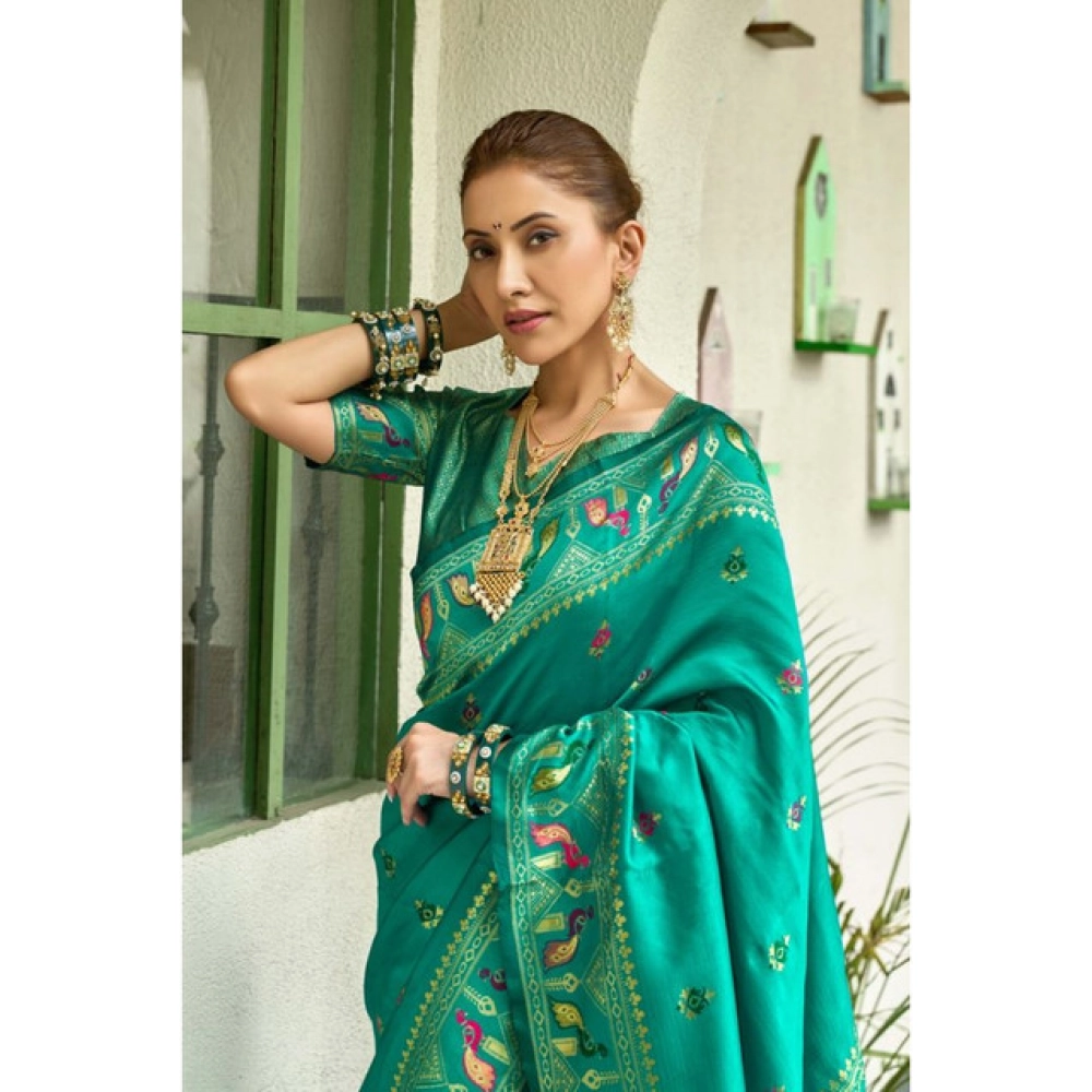 Women's Silk Blend Woven Saree With Unstitched Blouse 5.5 Mtr (Green) - Image 2