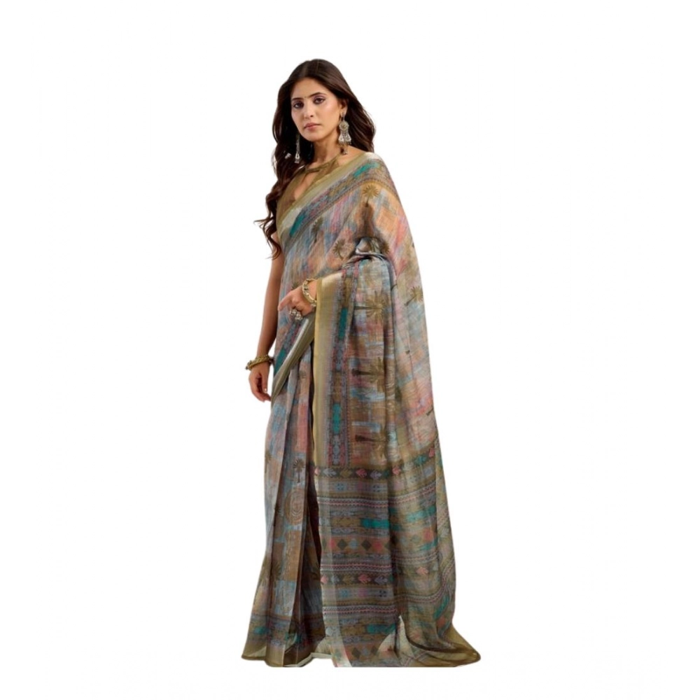 Women's Linen Cotton Printed Ready To Wear Saree With Unstitched Blouse 5.5 Mtr (Multicolor)