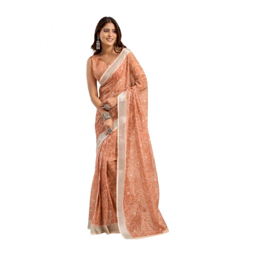 Women's Linen Cotton Printed Ready To Wear Saree With Unstitched Blouse 5.5 Mtr (Peach)
