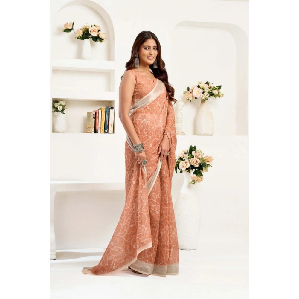Women's Linen Cotton Printed Ready To Wear Saree With Unstitched Blouse 5.5 Mtr (Peach) - Image 4