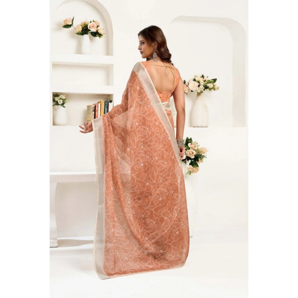 Women's Linen Cotton Printed Ready To Wear Saree With Unstitched Blouse 5.5 Mtr (Peach) - Image 3