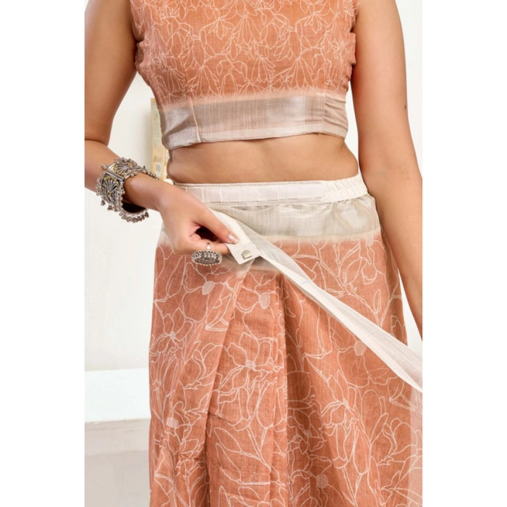 Women's Linen Cotton Printed Ready To Wear Saree With Unstitched Blouse 5.5 Mtr (Peach) - Image 2