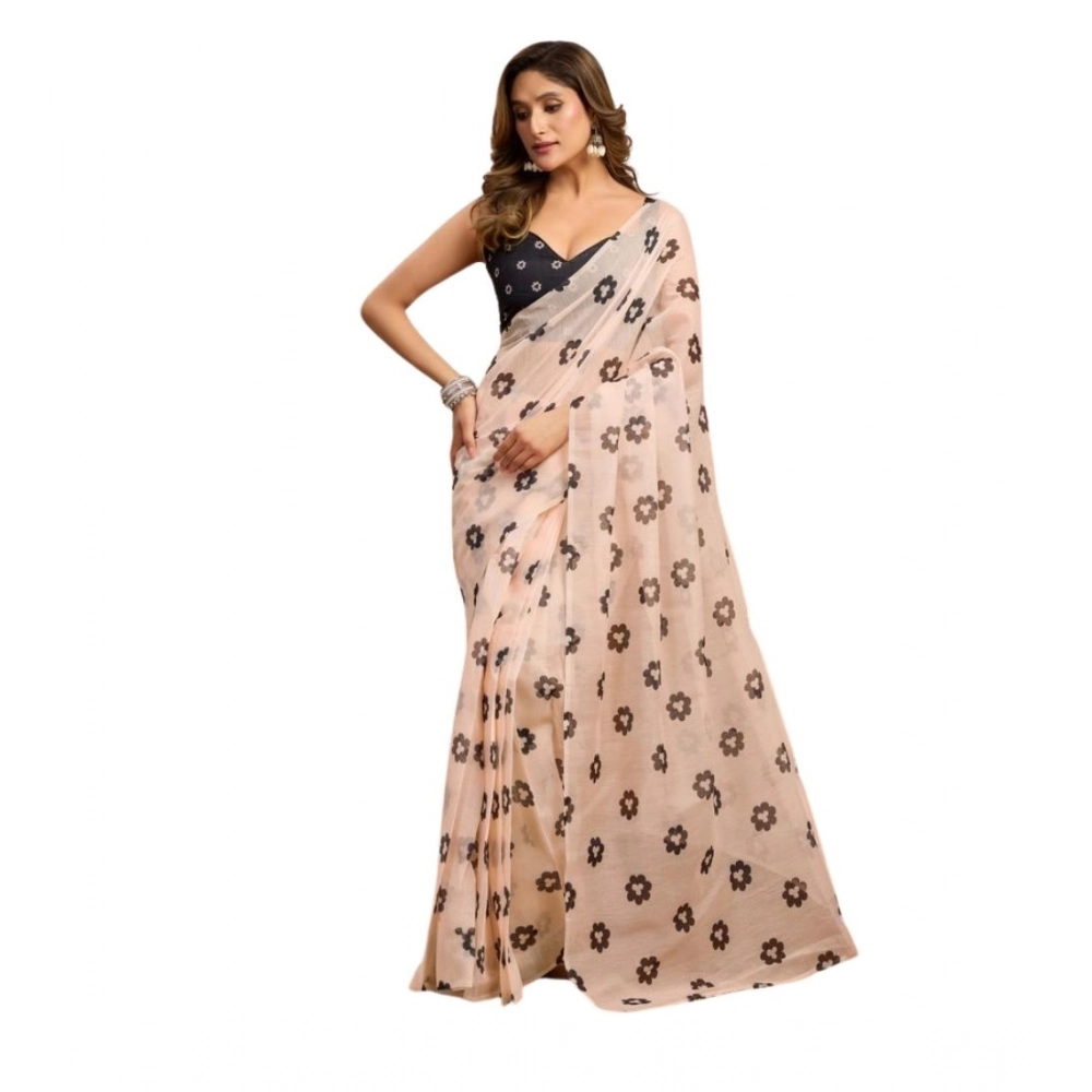 Women's Linen Cotton Printed Ready To Wear Saree With Unstitched Blouse 5.5 Mtr聽(Light_Peach)