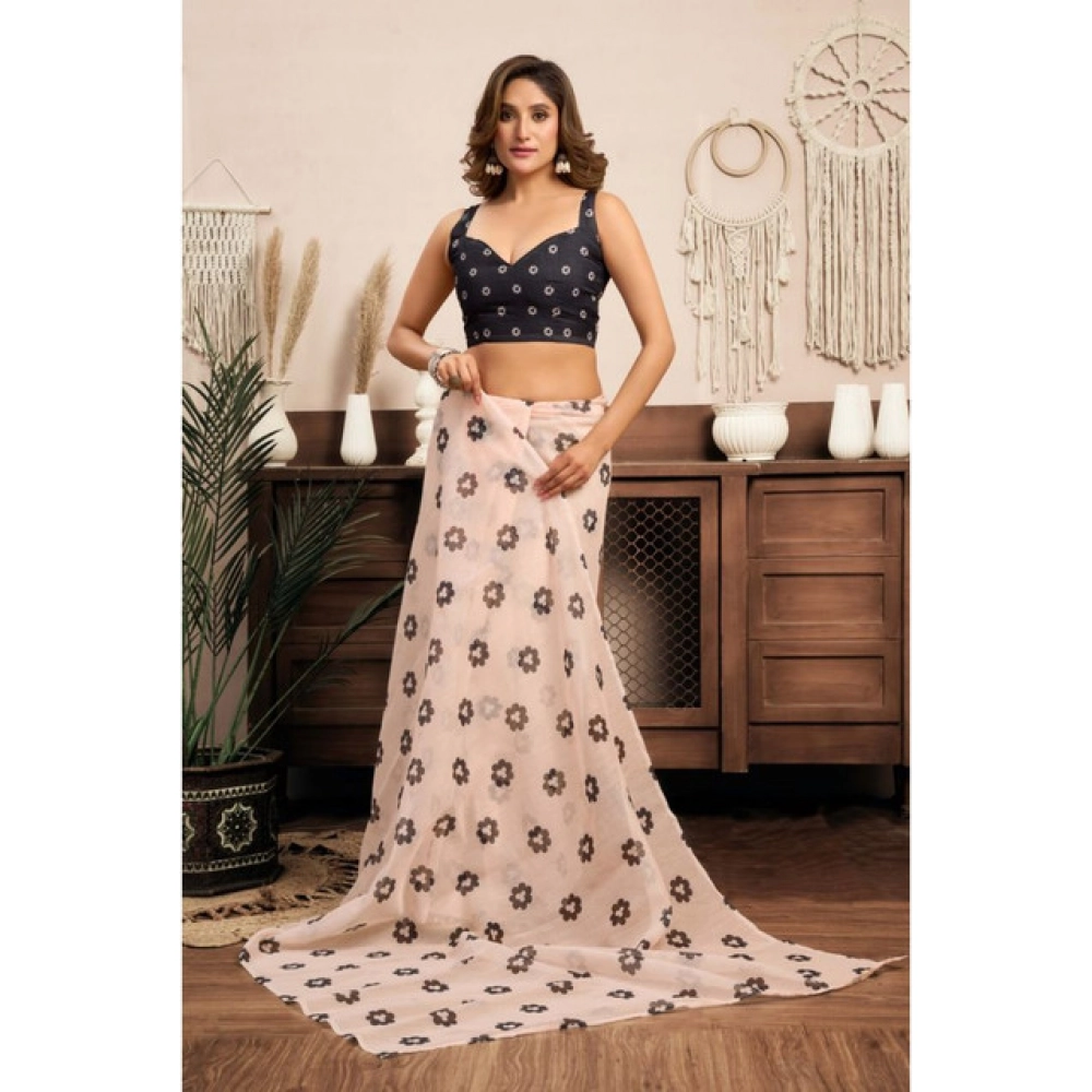 Women's Linen Cotton Printed Ready To Wear Saree With Unstitched Blouse 5.5 Mtr聽(Light_Peach) - Image 2