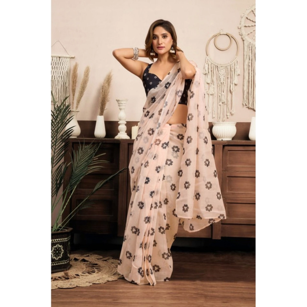 Women's Linen Cotton Printed Ready To Wear Saree With Unstitched Blouse 5.5 Mtr聽(Light_Peach) - Image 3
