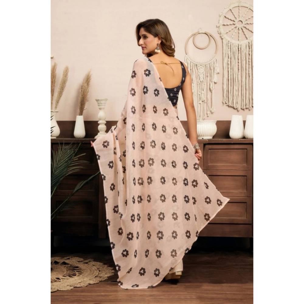 Women's Linen Cotton Printed Ready To Wear Saree With Unstitched Blouse 5.5 Mtr聽(Light_Peach) - Image 4