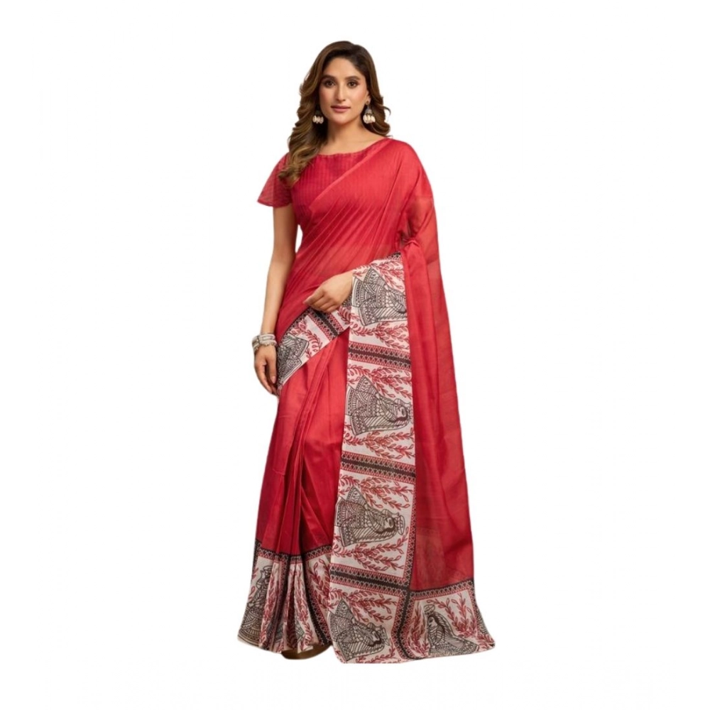 Women's Linen Cotton Printed Ready To Wear Saree With Unstitched Blouse 5.5 Mtr聽(Red)