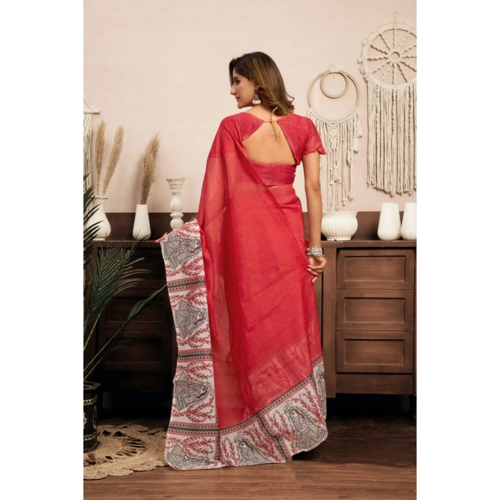 Women's Linen Cotton Printed Ready To Wear Saree With Unstitched Blouse 5.5 Mtr聽(Red) - Image 4