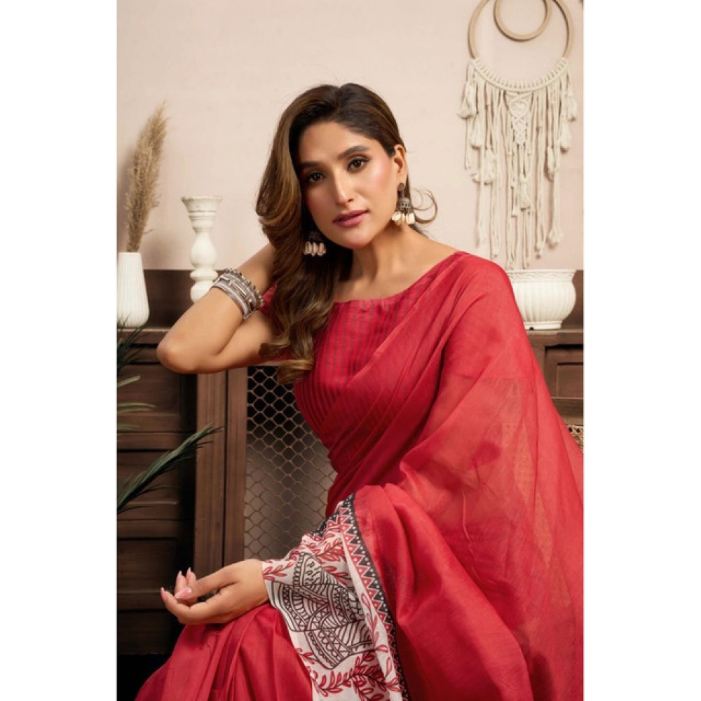 Women's Linen Cotton Printed Ready To Wear Saree With Unstitched Blouse 5.5 Mtr聽(Red) - Image 3