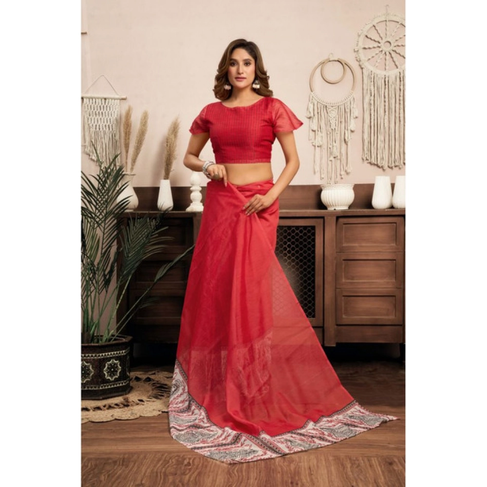 Women's Linen Cotton Printed Ready To Wear Saree With Unstitched Blouse 5.5 Mtr聽(Red) - Image 2