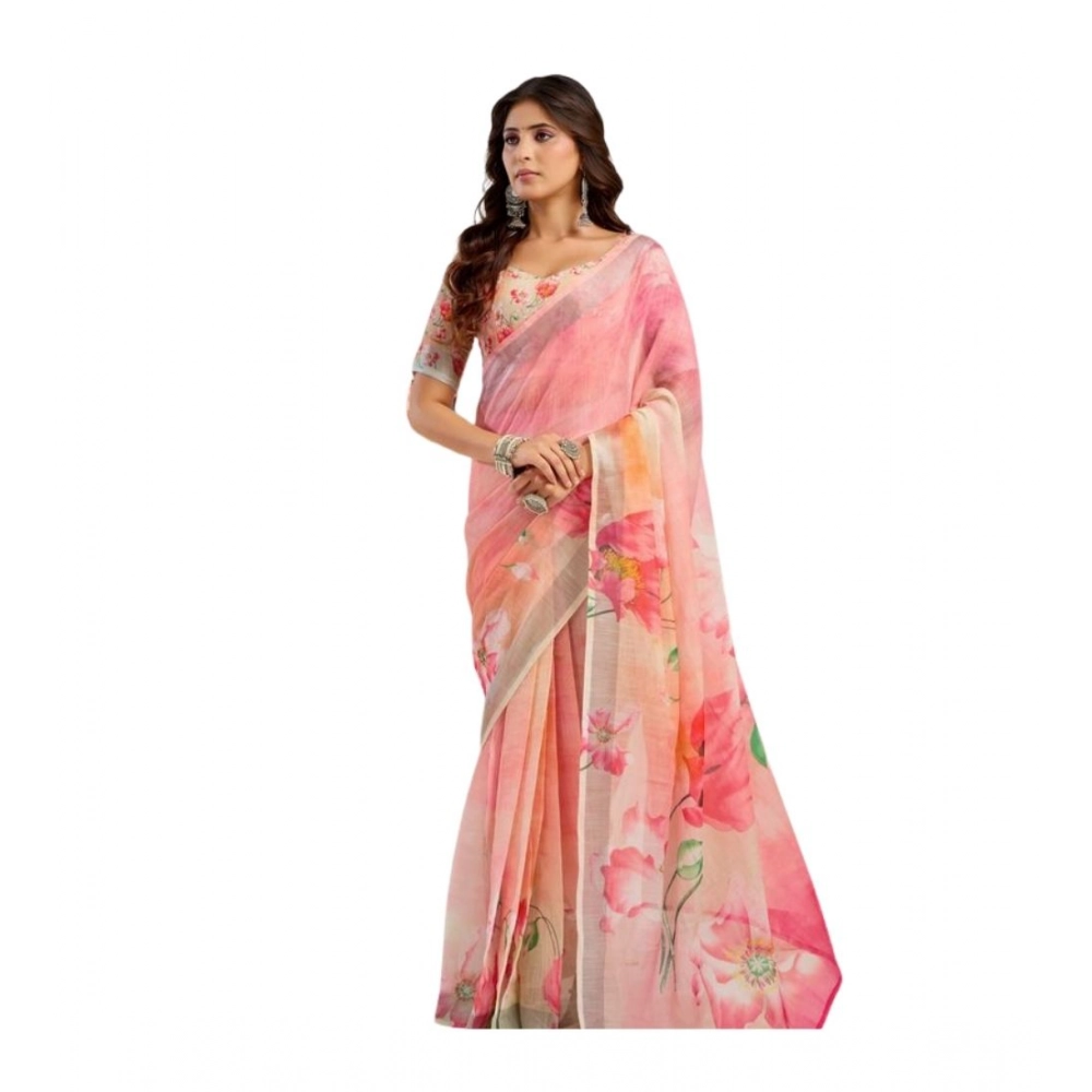 Women's Linen Cotton Printed Ready To Wear Saree With Unstitched Blouse 5.5 Mtr聽(Light_Peach)