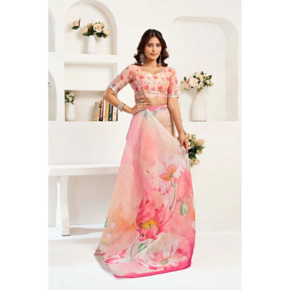 Women's Linen Cotton Printed Ready To Wear Saree With Unstitched Blouse 5.5 Mtr聽(Light_Peach) - Image 2