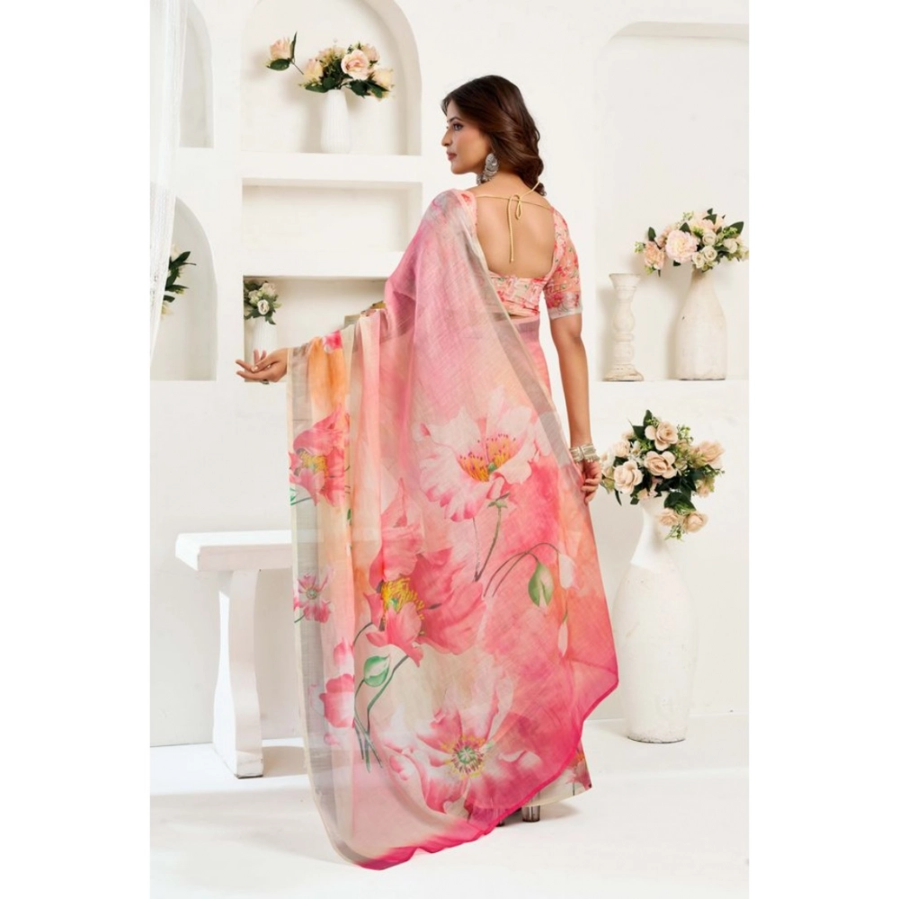 Women's Linen Cotton Printed Ready To Wear Saree With Unstitched Blouse 5.5 Mtr聽(Light_Peach) - Image 4