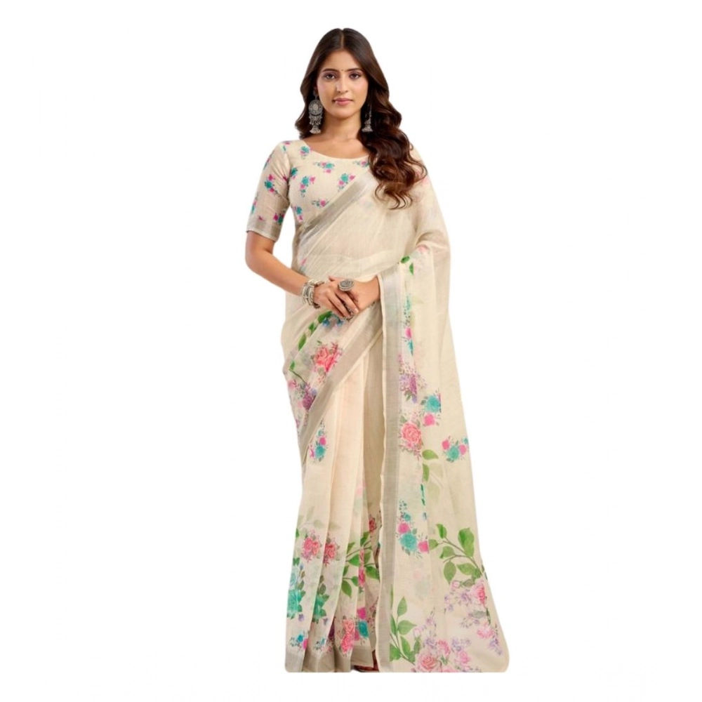Women's Linen Cotton Printed Ready To Wear Saree With Unstitched Blouse 5.5 Mtr聽(Light_Beige)