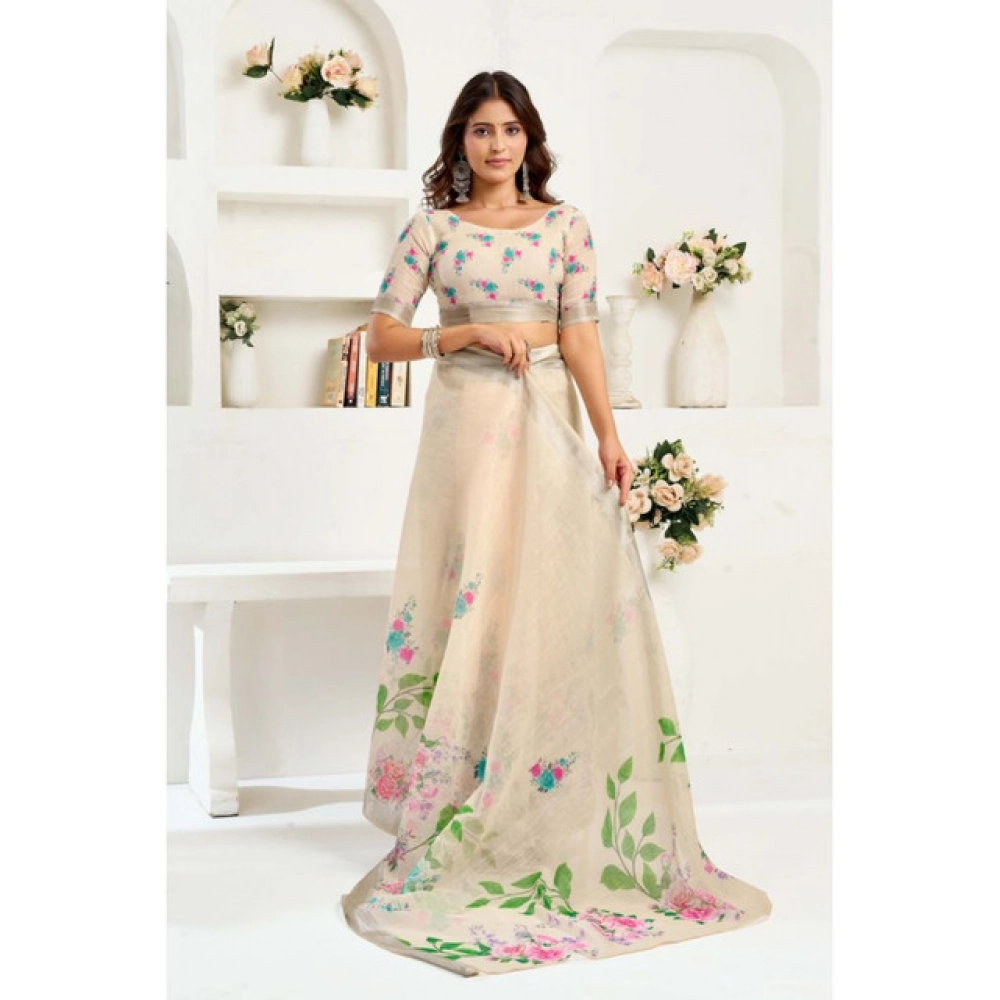 Women's Linen Cotton Printed Ready To Wear Saree With Unstitched Blouse 5.5 Mtr聽(Light_Beige) - Image 2