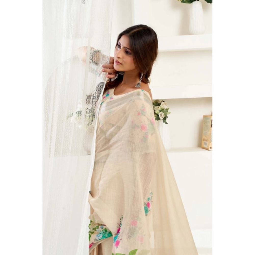 Women's Linen Cotton Printed Ready To Wear Saree With Unstitched Blouse 5.5 Mtr聽(Light_Beige) - Image 3