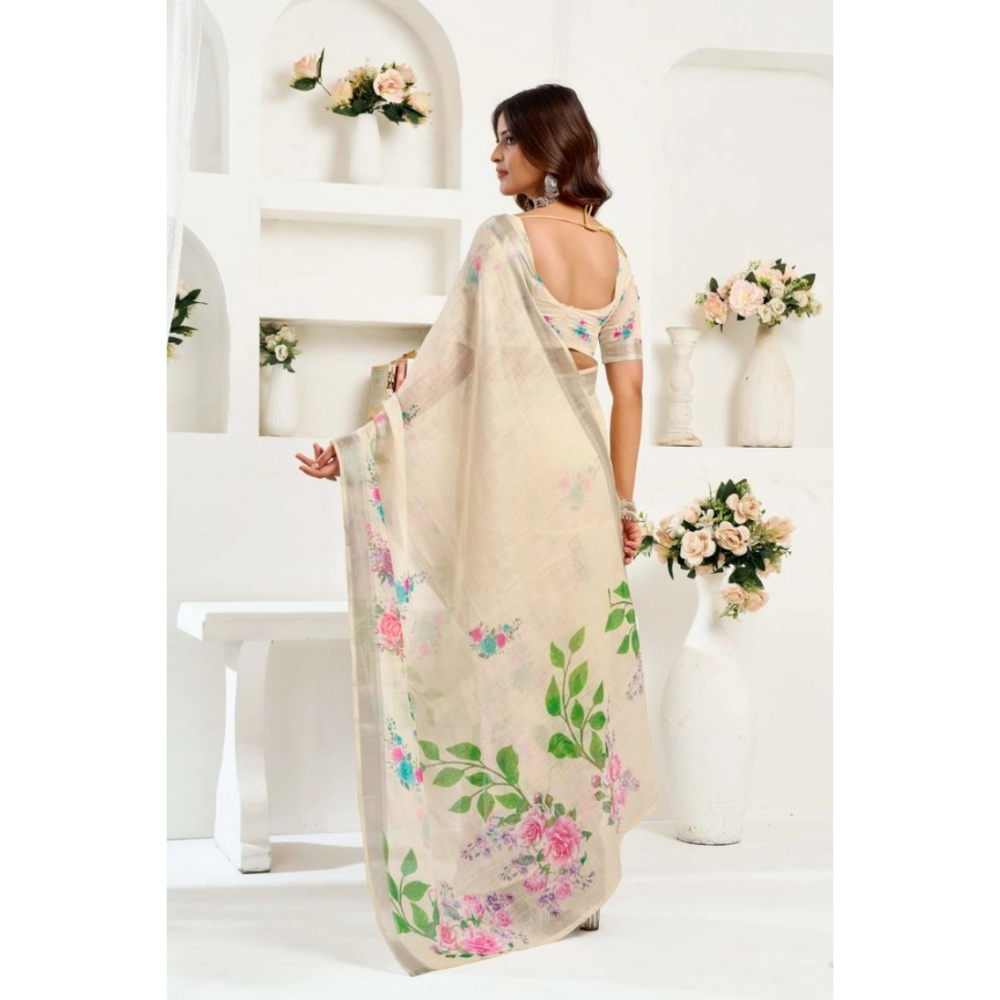 Women's Linen Cotton Printed Ready To Wear Saree With Unstitched Blouse 5.5 Mtr聽(Light_Beige) - Image 4