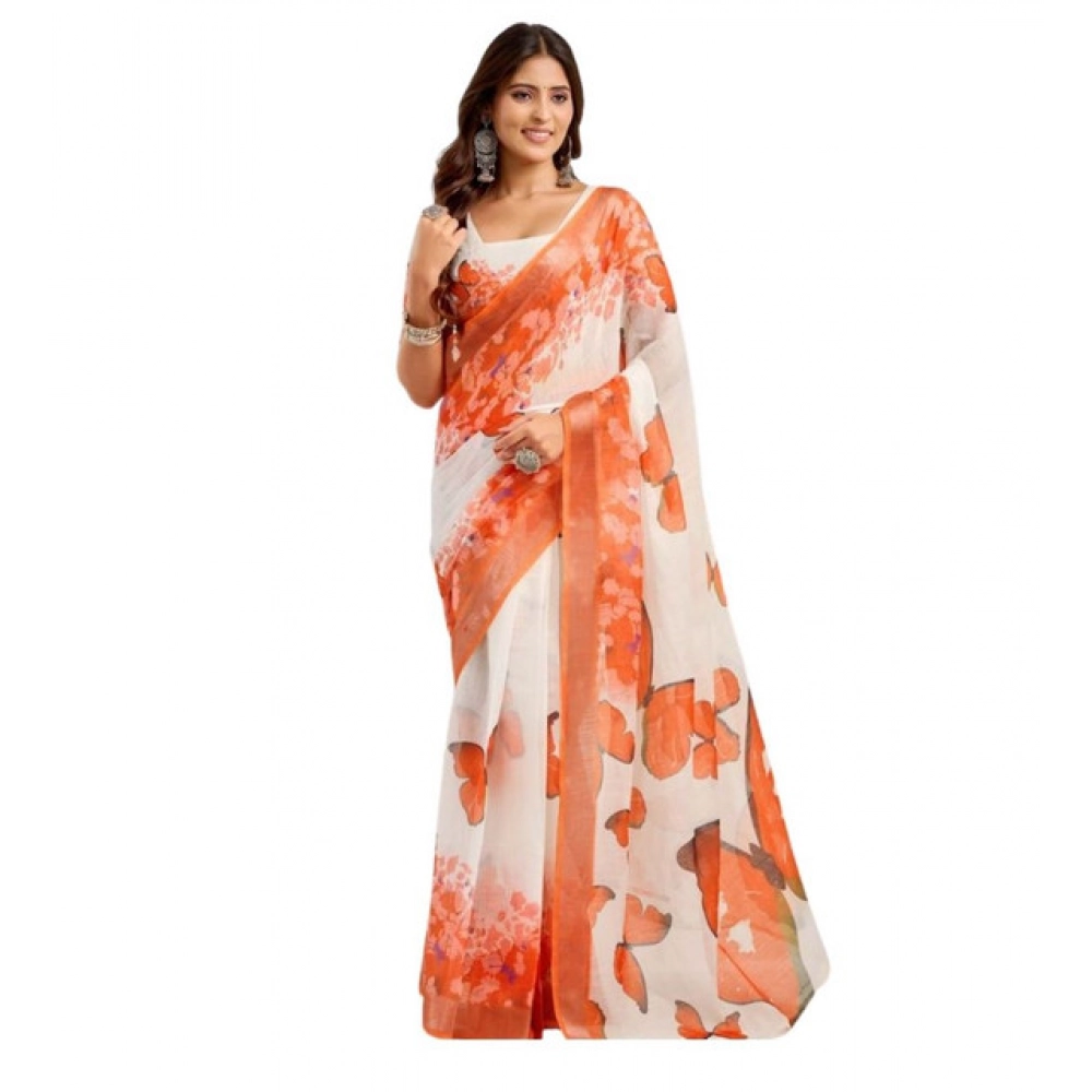 Women's Linen Cotton Printed Ready To Wear Saree With Unstitched Blouse 5.5 Mtr聽(Orange)