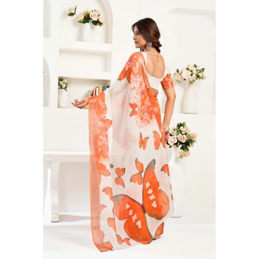 Women's Linen Cotton Printed Ready To Wear Saree With Unstitched Blouse 5.5 Mtr聽(Orange) - Image 4