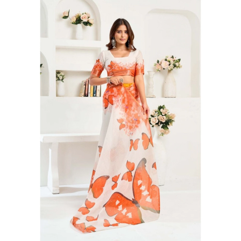 Women's Linen Cotton Printed Ready To Wear Saree With Unstitched Blouse 5.5 Mtr聽(Orange) - Image 2