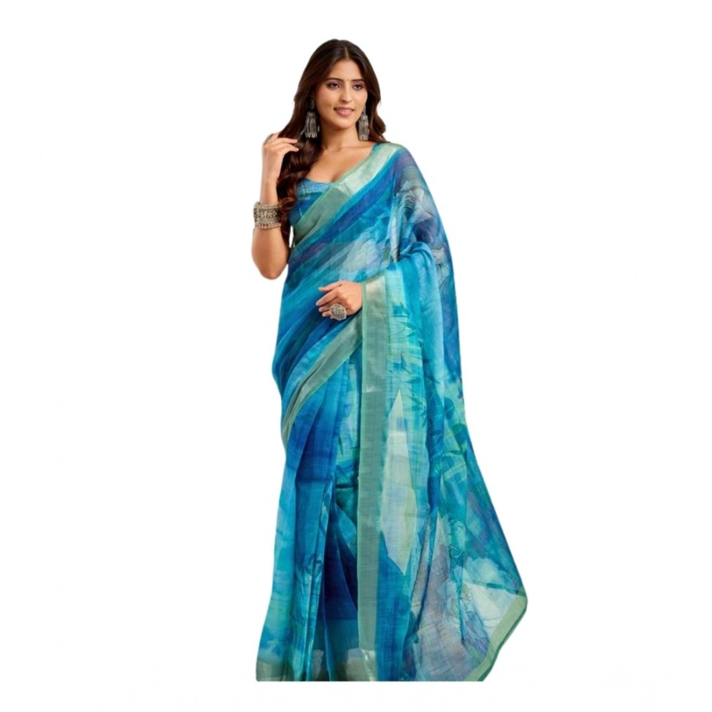 Women's Linen Cotton Printed Ready To Wear Saree With Unstitched Blouse 5.5 Mtr聽(Blue)