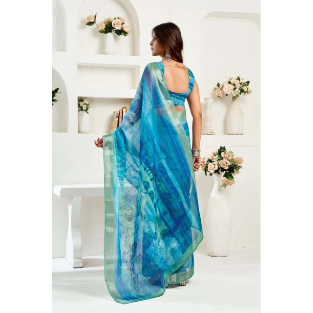 Women's Linen Cotton Printed Ready To Wear Saree With Unstitched Blouse 5.5 Mtr聽(Blue) - Image 4