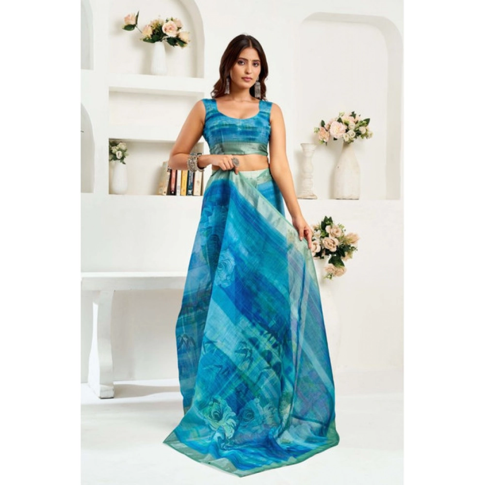 Women's Linen Cotton Printed Ready To Wear Saree With Unstitched Blouse 5.5 Mtr聽(Blue) - Image 2