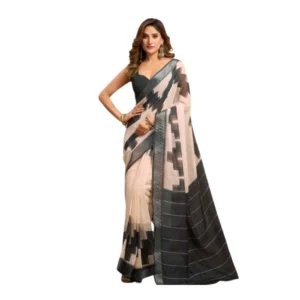 Women's Linen Cotton Printed Ready To Wear With Pocket Saree With Unstitched Blouse 5.5 Mtr (Light_Beige)