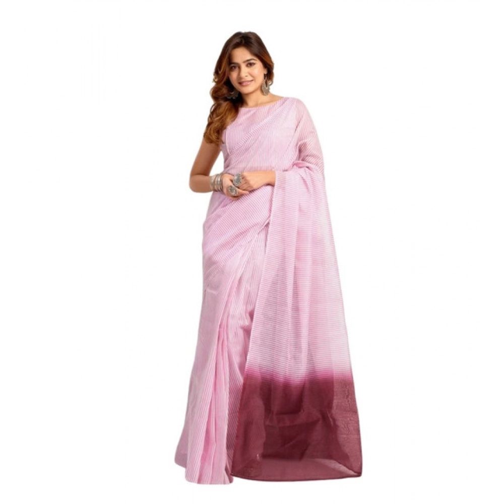 Women's Linen Cotton Printed Ready To Wear With Pocket Saree With Unstitched Blouse 5.5 Mtr (Light_Pink)