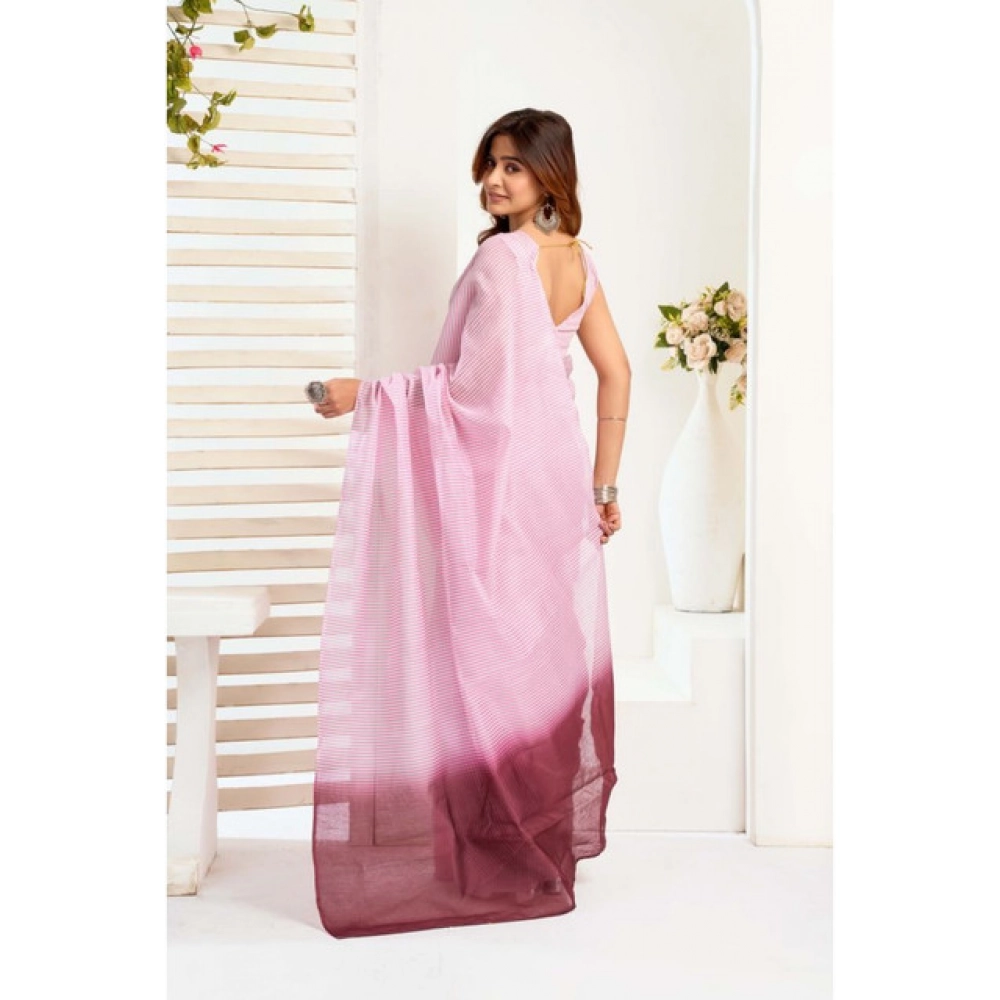 Women's Linen Cotton Printed Ready To Wear With Pocket Saree With Unstitched Blouse 5.5 Mtr (Light_Pink) - Image 4