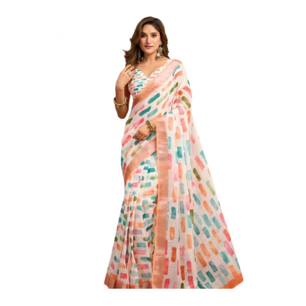 Women's Linen Cotton Printed Ready To Wear With Pocket Saree With Unstitched Blouse 5.5 Mtr (Multicolor)