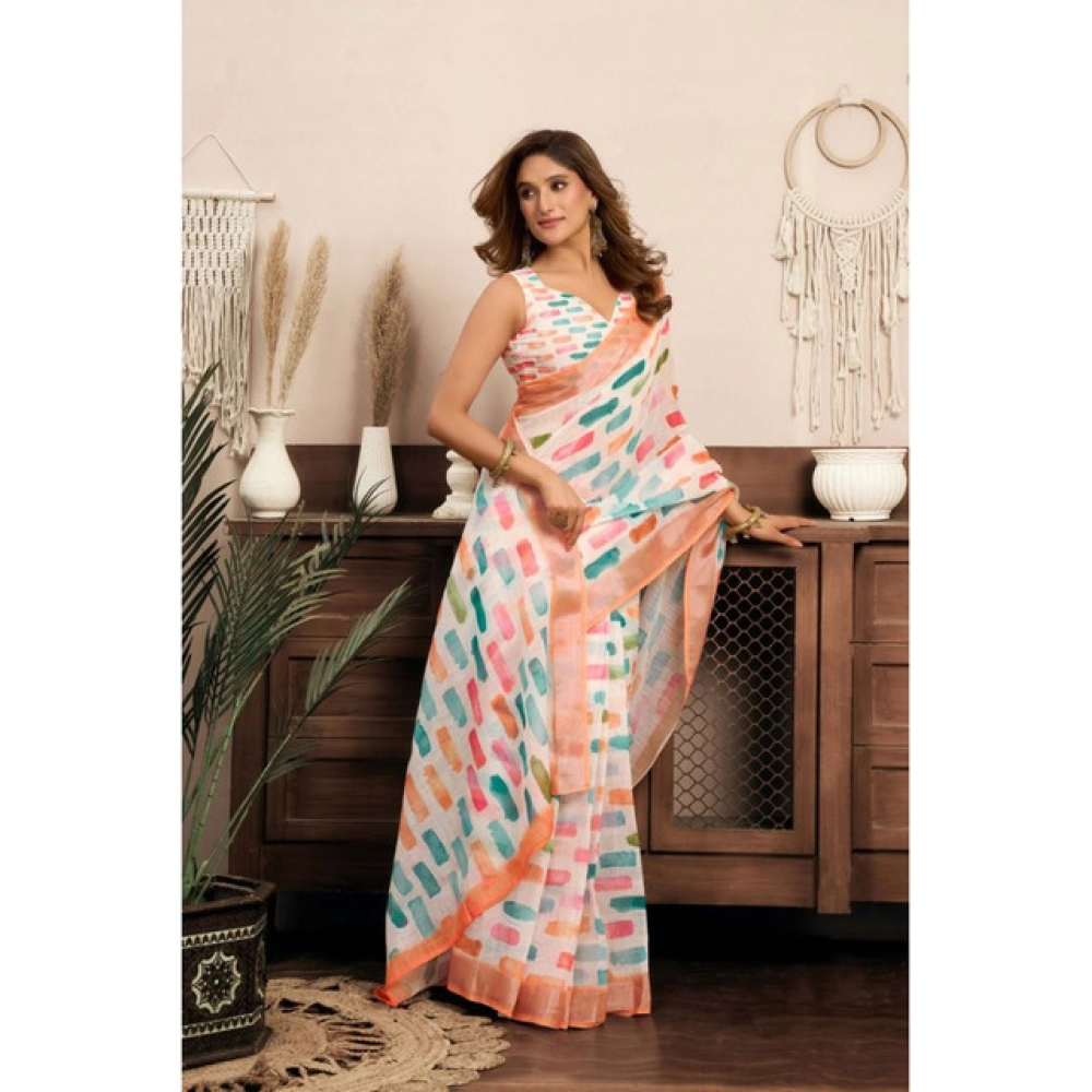 Women's Linen Cotton Printed Ready To Wear With Pocket Saree With Unstitched Blouse 5.5 Mtr (Multicolor) - Image 3
