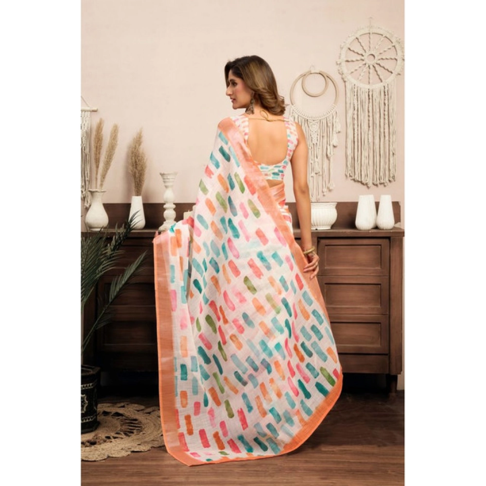 Women's Linen Cotton Printed Ready To Wear With Pocket Saree With Unstitched Blouse 5.5 Mtr (Multicolor) - Image 4