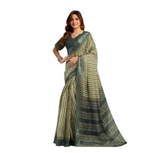 Women's Linen Cotton Printed Ready To Wear With Pocket Saree With Unstitched Blouse 5.5 Mtr (Olive)
