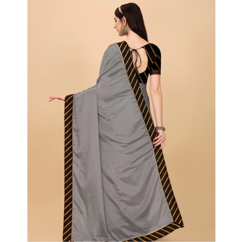 Women's Chiffon Self Design Saree With Unstitched Blouse 5.5Mtr (Silver) - Image 3